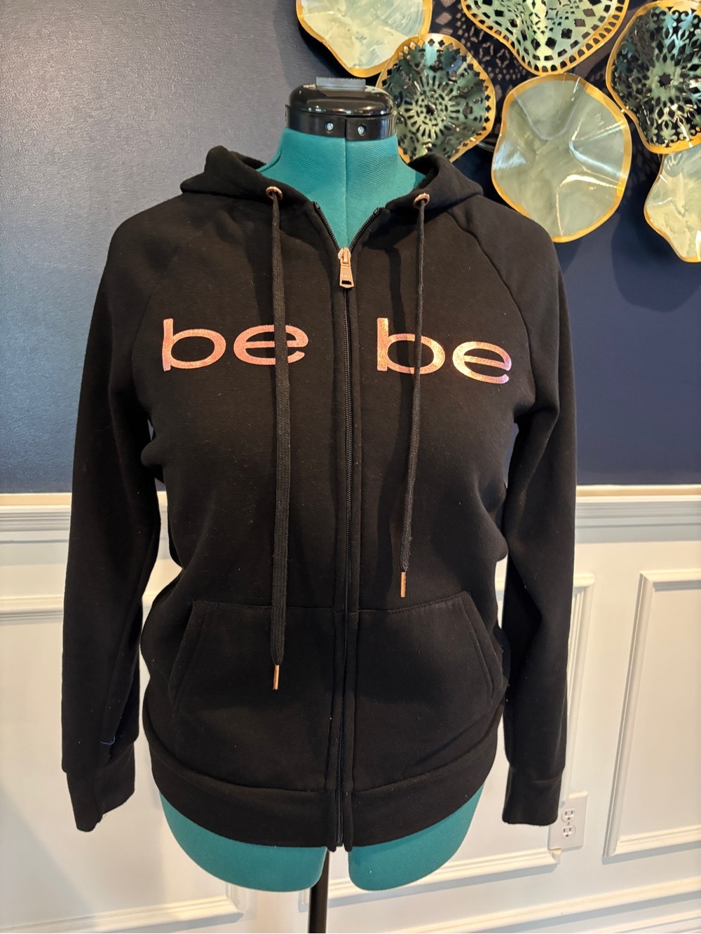 Bebe Sport Black Full Zip Hoodie Rose Gold Logo Fleece Jacket Women's Medium